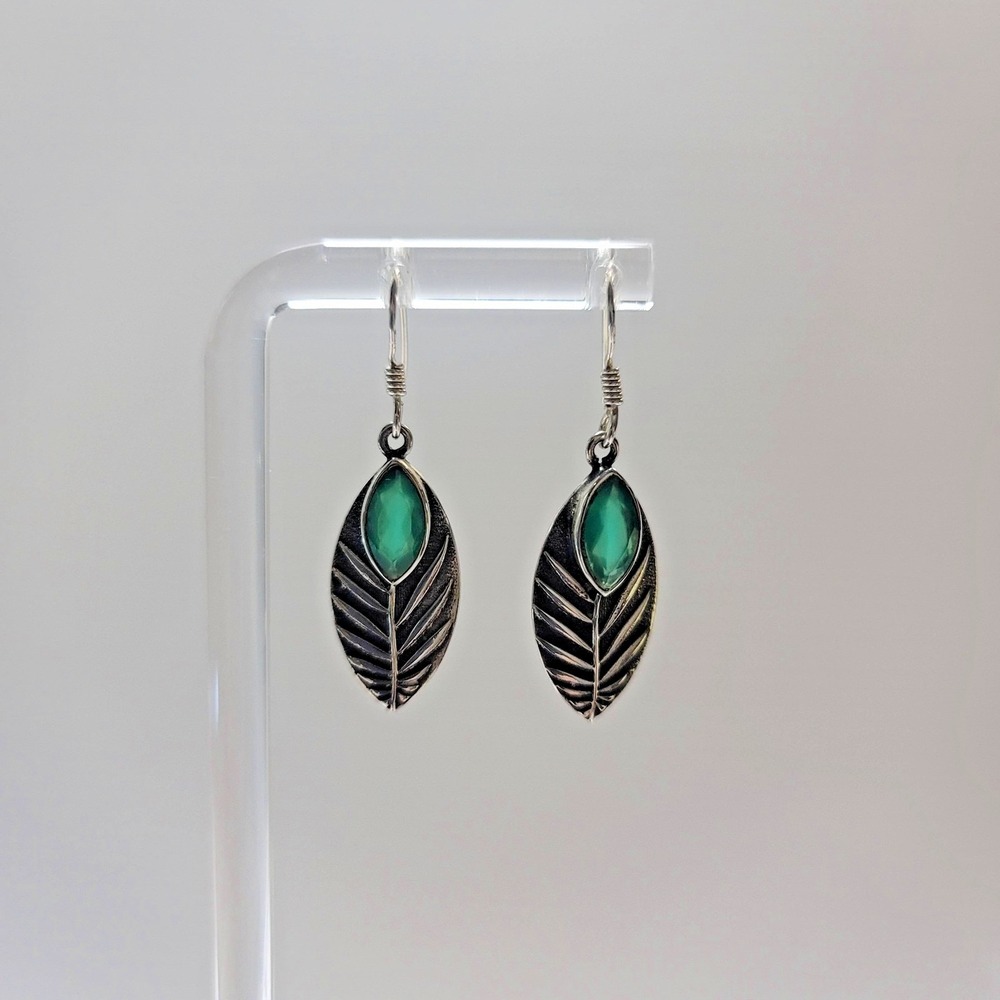 Sterling Silver 925 Emerald Leaf Dangle Earrings Womens Boho Statement